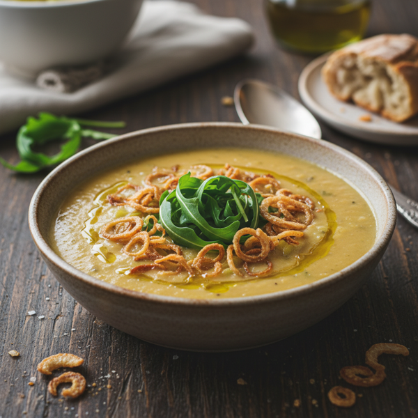 Velvety Roasted Potato and Leek Soup with Arugula and Crispy Shallots recipe