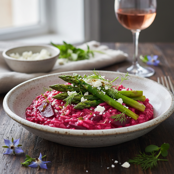 Vibrant Beetroot Risotto with Asparagus Garnish recipe