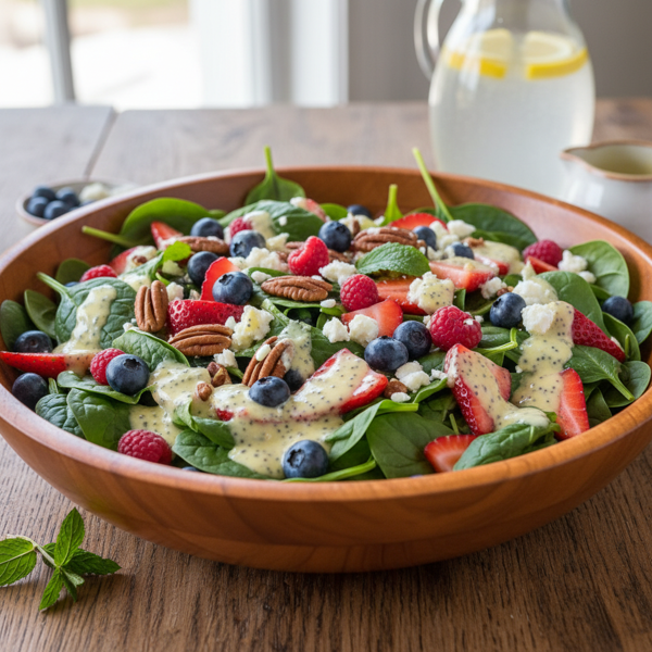 Vibrant Spinach and Berry Delight Salad with Zesty Poppy Seed Dressing recipe