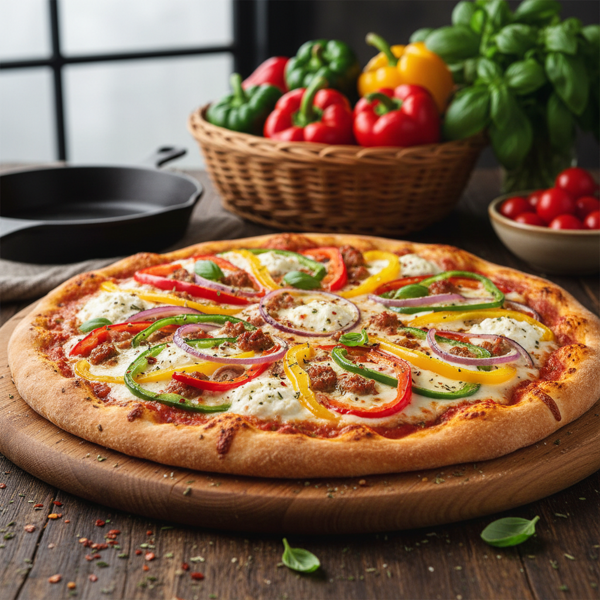 Vibrant Three-Pepper Harvest Pizza recipe