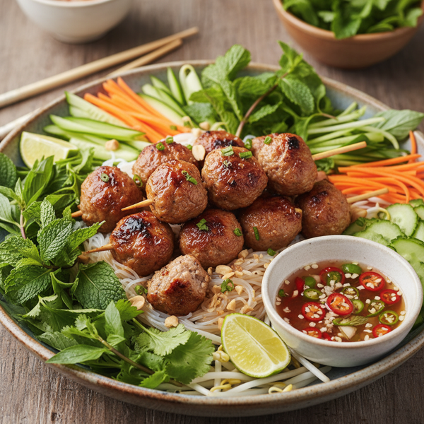 Vietnamese Grilled Pork Meatball Noodle Bowl with Fresh Herbs and Zesty Sauce recipe