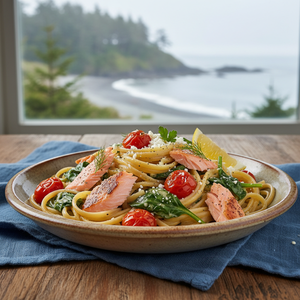 Whidbey Island Inspired Smoked Salmon Linguine with Spinach and Tomatoes recipe