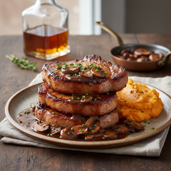 Whiskey-Glazed Seared Pork Chops with Mushroom Demi-Glace recipe