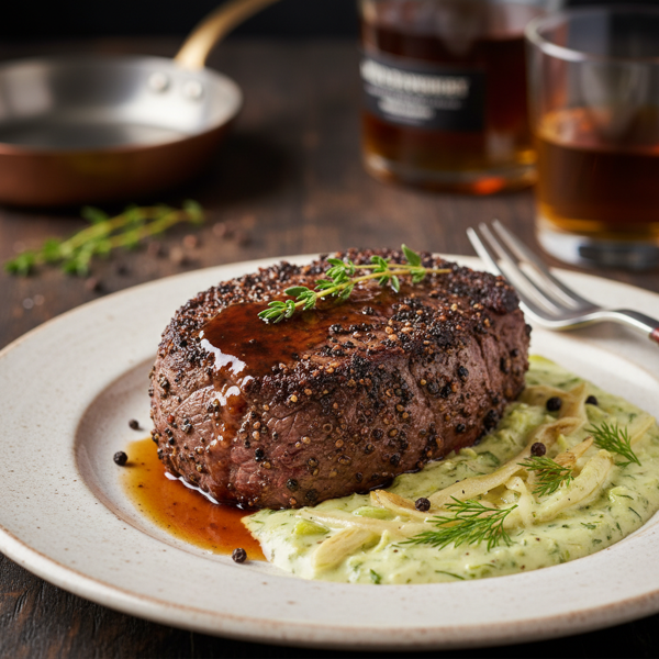 Whiskey-Peppercorn Filet Mignon with Creamy Fennel Sauce recipe