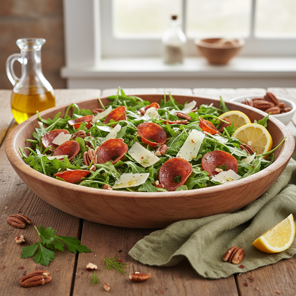 Zesty Arugula Pepperoni Salad with Parmesan and Pecans recipe
