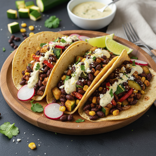 Zesty Black Bean & Zucchini Tacos with Garlic-Lemon Sauce recipe