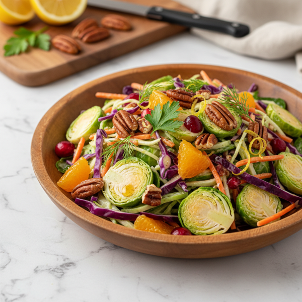 Zesty Brussels Sprout Slaw with Pecan Crunch recipe