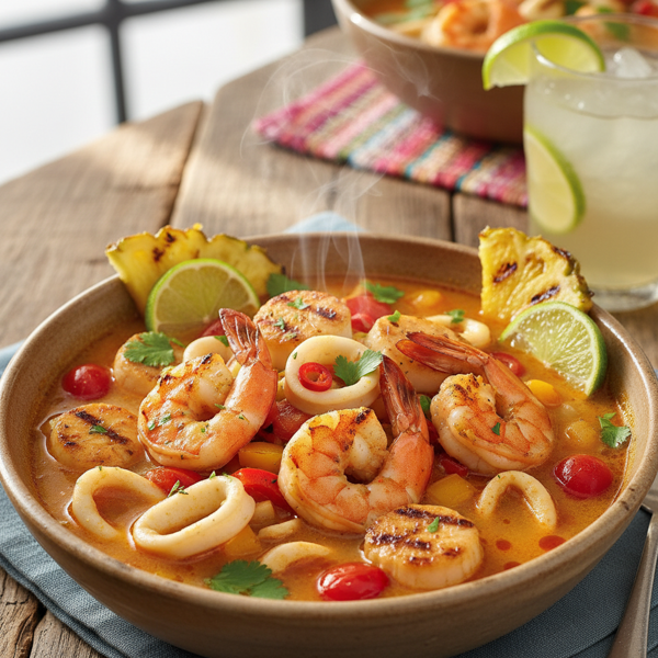 Zesty Caribbean Grilled Seafood Medley Soup recipe