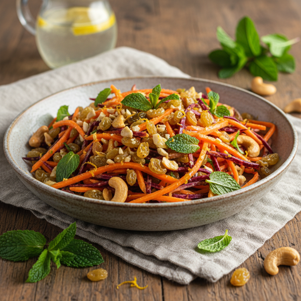 Zesty Carrot & Golden Raisin Salad with Mint and Cashews recipe