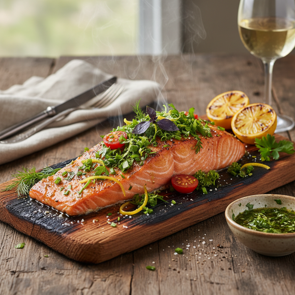 Zesty Cedar-Planked Salmon with Fresh Herb Topping recipe