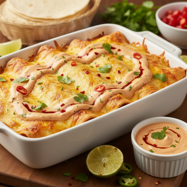 Zesty Cheesy Chicken Enchiladas with Spicy Sour Cream Sauce recipe