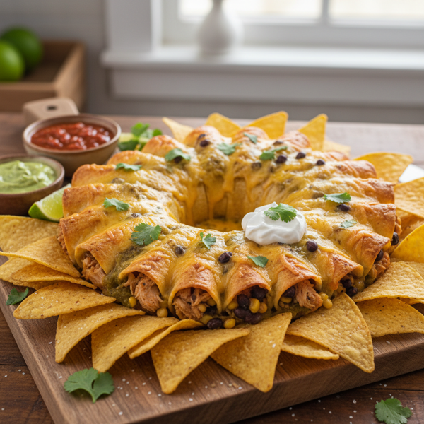 Zesty Chicken Enchilada Ring with Crisp Tortilla Chips recipe