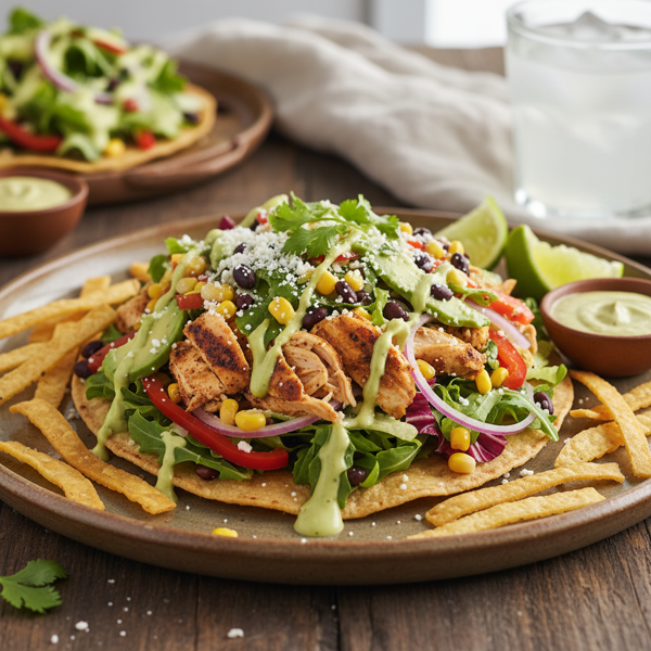 Zesty Chicken Tostada Salad with Crunchy Tortilla Strips recipe