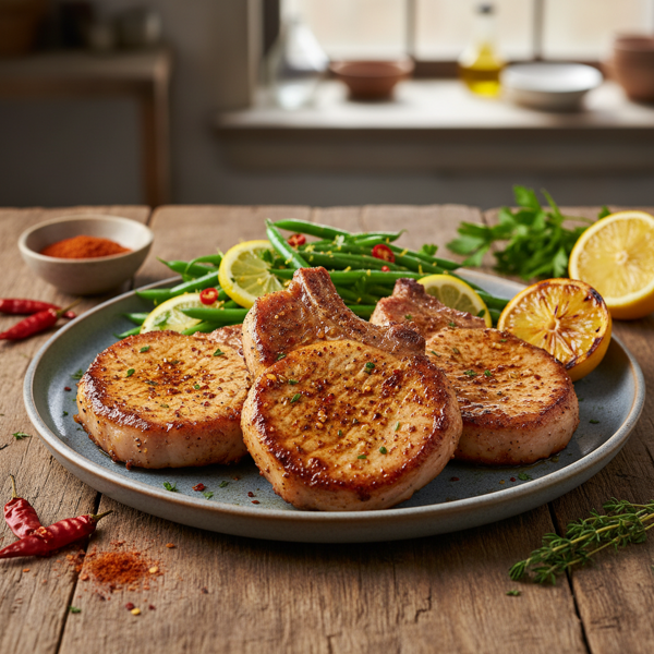 Zesty Chili-Spiced Pork Chops with Lemon Green Beans recipe