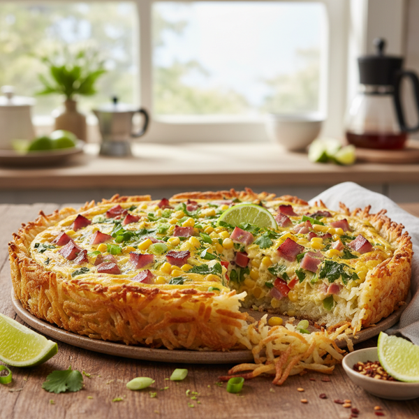 Zesty Corn & Ham Frittata with Crispy Hash Brown Base recipe
