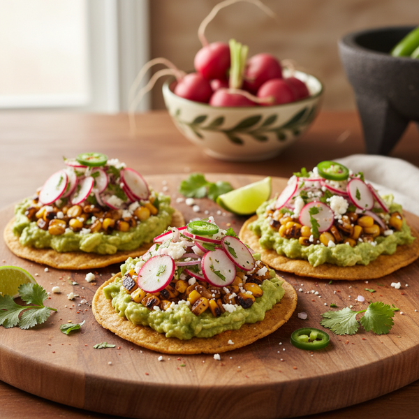 Zesty Corn and Avocado Tostadas with Radish Salsa recipe