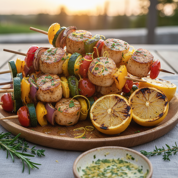 Zesty Garlic Scallop & Veggie Kebabs recipe