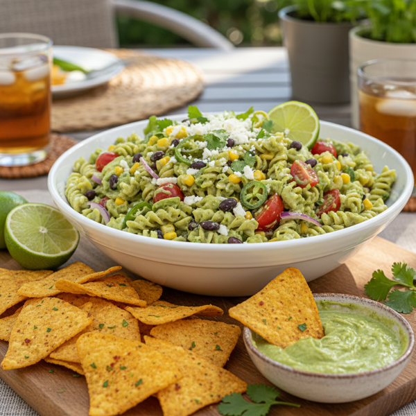Zesty Green Chile Pasta Salad with Homemade Tortilla Chips recipe