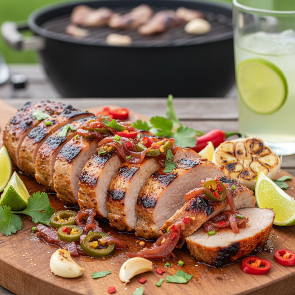 Zesty Grilled Garlic Lime Pork Tenderloin with Spicy Jalapeño Onion Marmalade recipe