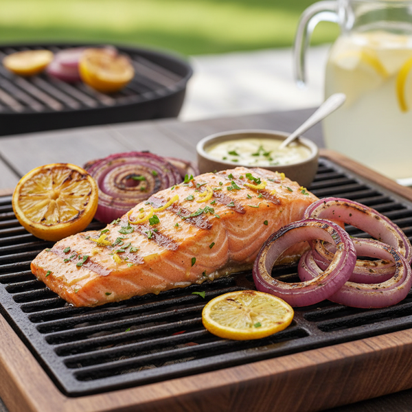 Zesty Grilled Lemonade Salmon with Charred Onions recipe