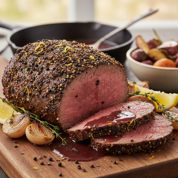 Zesty Grilled Peppercorn-Crusted Eye Round Roast with Rich Port Reduction recipe