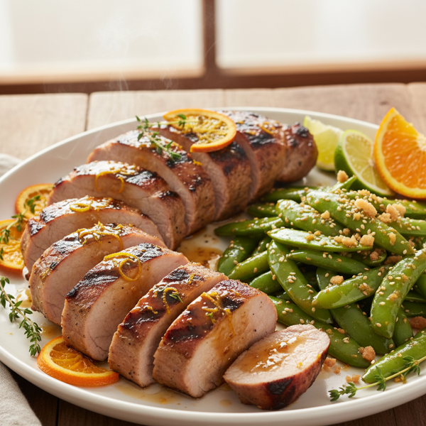 Zesty Grilled Pork Tenderloin with Orange-Lime Glaze and Crunchy Sugar Snap Peas recipe
