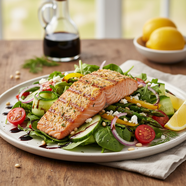 Zesty Grilled Salmon Salad with Fresh Vegetables and Balsamic Vinaigrette recipe