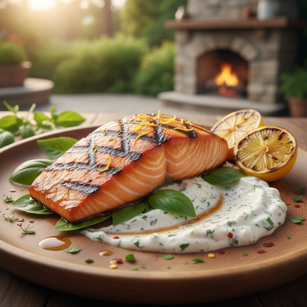 Zesty Grilled Salmon with Creamy Horseradish Basil Sauce recipe