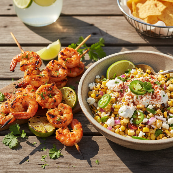 Zesty Grilled Shrimp Skewers with Creamy Mexican Street Corn Salad recipe