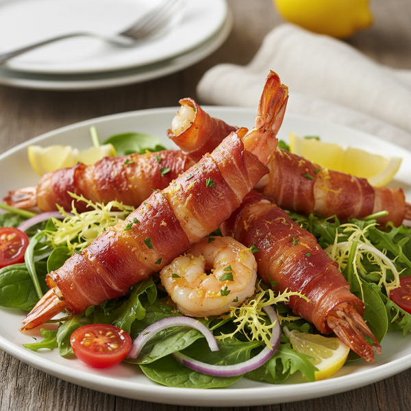 Zesty Lemon-Garlic Shrimp Wrapped in Prosciutto with Greens recipe