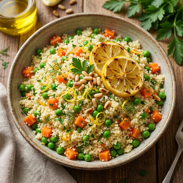 Zesty Lemon Couscous with Garden Peas and Carrots recipe