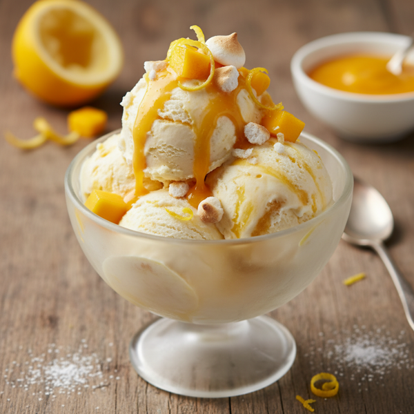 Zesty Lemon Meringue Ice Cream Delight with Mango Drizzle recipe
