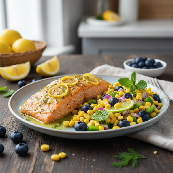 Zesty Lemon Salmon with Blueberry-Corn Medley recipe