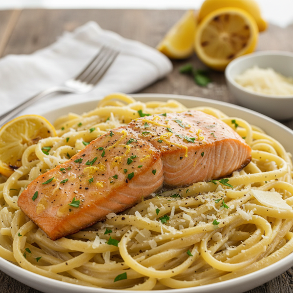 Zesty Lemon Salmon with Cacio e Pepe Linguine recipe
