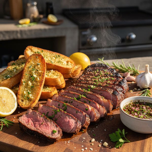Zesty Marinated Flank Steak with Garlic Bread Dippers recipe