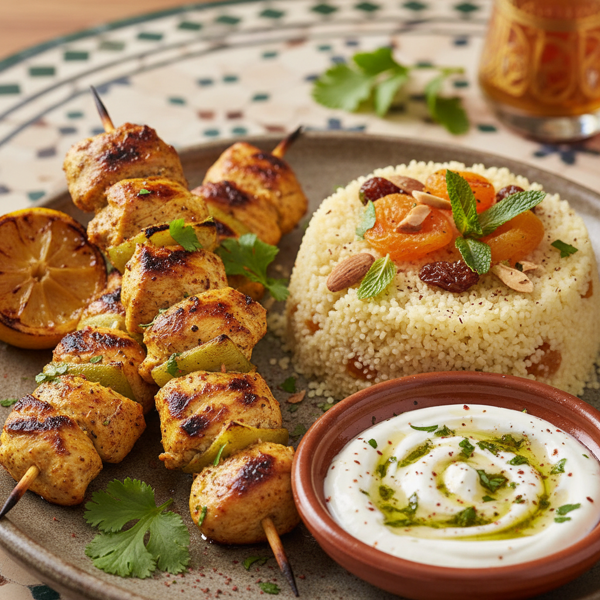Zesty Moroccan Chicken Skewers with Couscous and Yogurt Sauce recipe