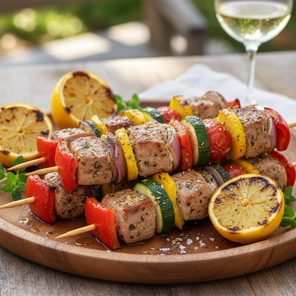 Zesty Oregano Lemon Pork & Veggie Skewers recipe