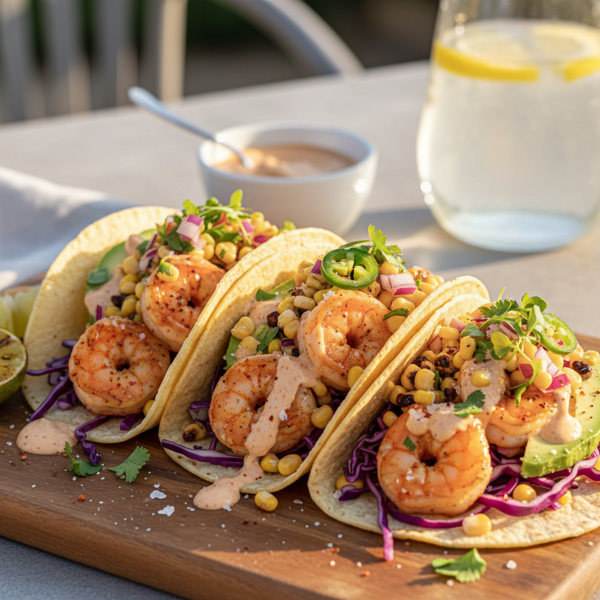 Zesty Shrimp Tacos with Creamy Chipotle Ranch and Fresh Corn Salsa recipe