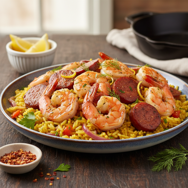 Zesty Shrimp and Andouille Sausage with Golden Saffron Rice recipe