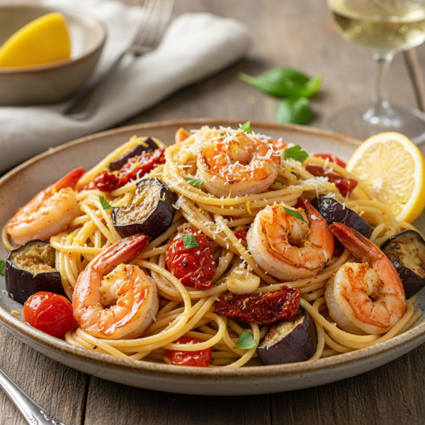 Zesty Shrimp and Eggplant Spaghetti recipe