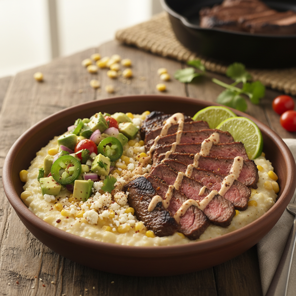 Zesty Southwestern Grits Bowl with Avocado Salsa and Grilled Steak recipe