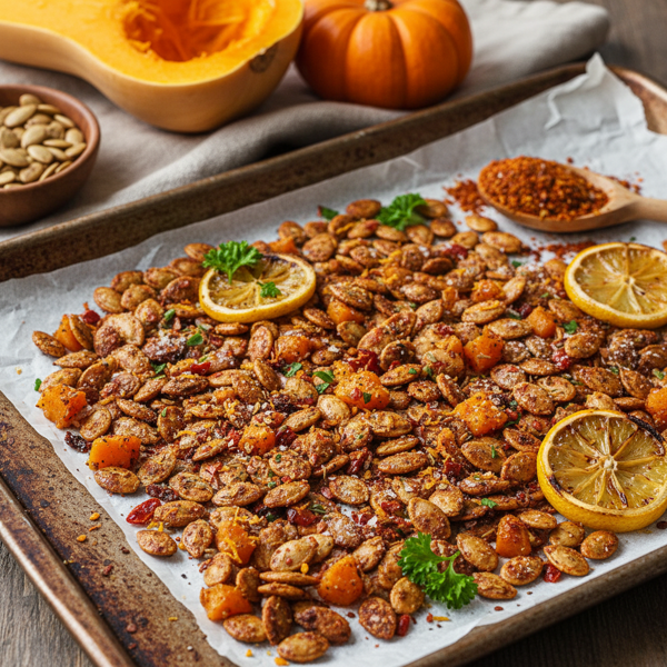 Zesty Spiced Roasted Butternut and Pumpkin Seeds recipe