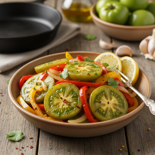 Zesty Stir-Fried Green Tomatoes with Peppers and Onions recipe