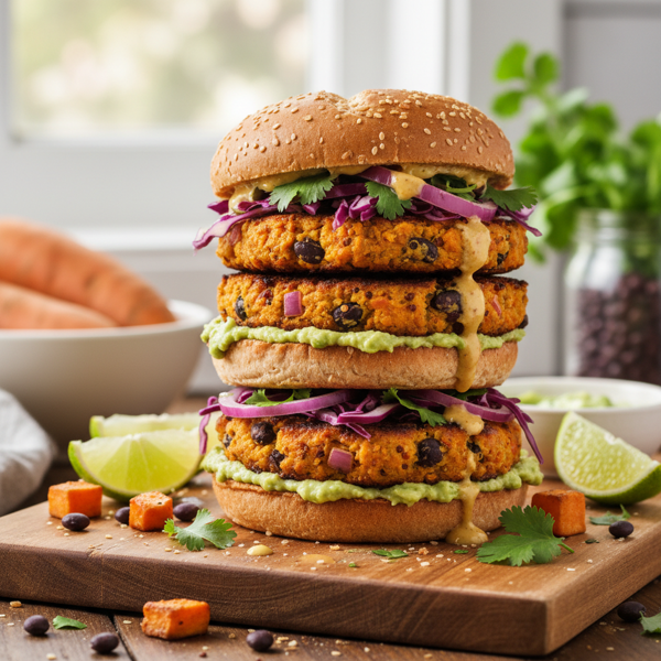 Zesty Sweet Potato & Black Bean Quinoa Burgers recipe