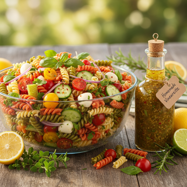 Zesty Tri-Colored Pasta Salad with Homemade Vinaigrette recipe