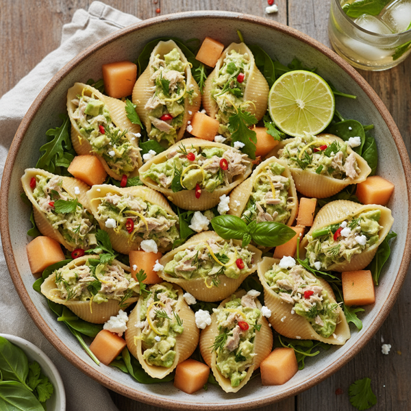 Zesty Tuna Avocado Pasta Shells with Cantaloupe and Greens recipe