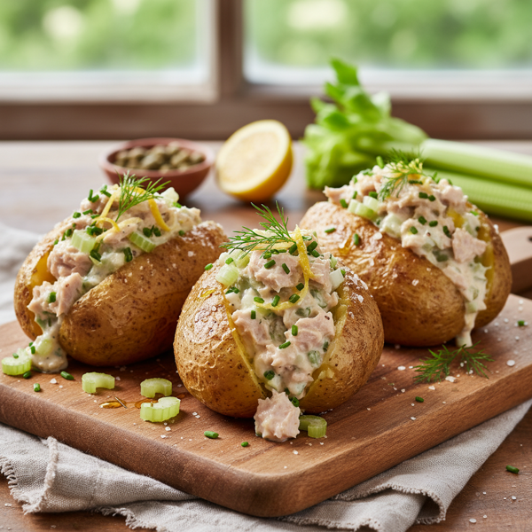 Zesty Tuna & Celery-Stuffed Crispy Jacket Potatoes recipe