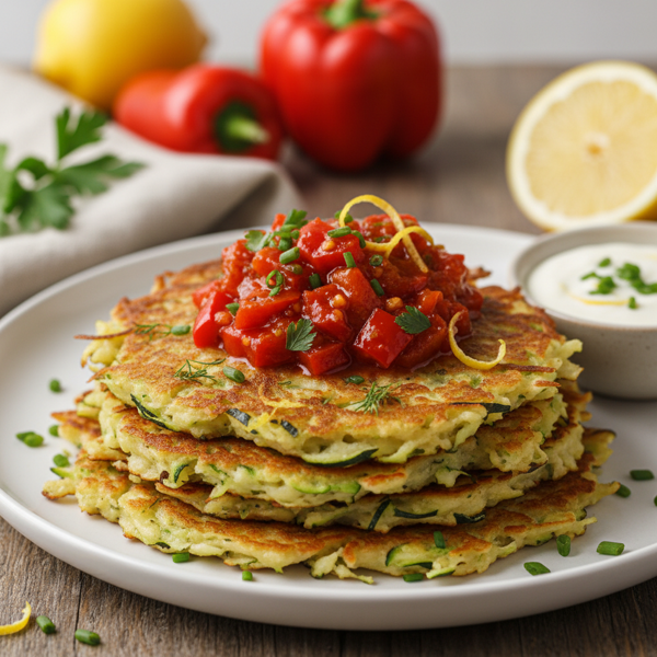 Zesty Zucchini Latkes with Red Pepper Delight recipe