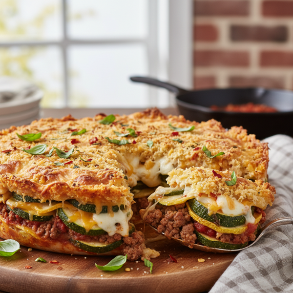 Zucchini Cheesy Beef Pizza Bake recipe