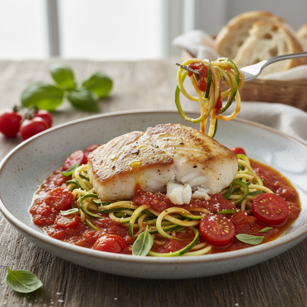 Zucchini Noodles with Sautéed Halibut and Tomato-Basil Sauce recipe